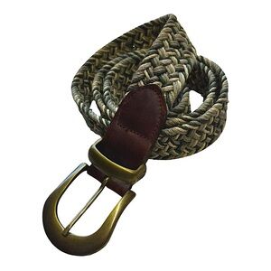 Braided Green & Cream Belt Size L Brass Buckle Leather Trim Woven Rope Belt